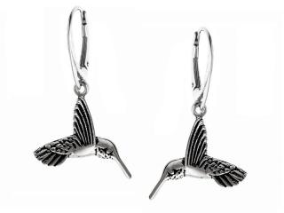 Eleganckie wiszące oksydowane srebrne kolczyki celebrytki koliber ptak bird srebro 925