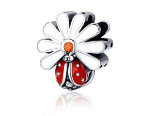 Rodowany srebrny charms do pandora kwiatek flower biedronka ladybug cyrkonia srebro 925