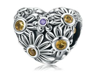Rodowany srebrny charms do pandora serce heart kwiatki flowers cyrkonie srebro 925
