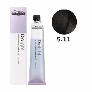 Loreal Dia Light farba do włosów farbowanych i uwrażliwionych, koloryzacja kwasowa ton w ton, bez amoniaku, 50ml Kolor: 5.11 jasny brąz popielaty głęb