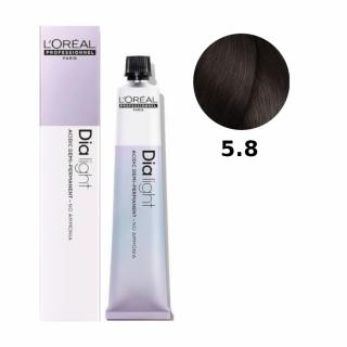 Loreal Dia Light farba do włosów farbowanych i uwrażliwionych, koloryzacja kwasowa ton w ton, bez amoniaku, 50ml Kolor: 5.8 jasny brąz mokka