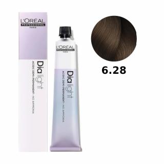 Loreal Dia Light farba do włosów farbowanych i uwrażliwionych, koloryzacja kwasowa ton w ton, bez amoniaku, 50ml Kolor: 6.28 ciemny blond opalizujący