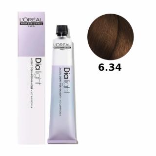 Loreal Dia Light farba do włosów farbowanych i uwrażliwionych, koloryzacja kwasowa ton w ton, bez amoniaku, 50ml Kolor: 6.34 ciemny blond złocisto-mie