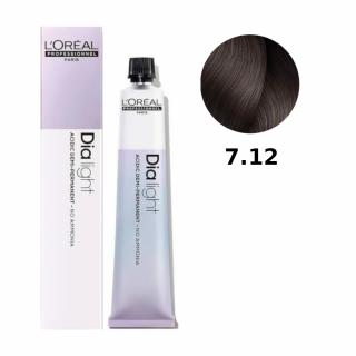 Loreal Dia Light farba do włosów farbowanych i uwrażliwionych, koloryzacja kwasowa ton w ton, bez amoniaku, 50ml Kolor: 7.12 blond popielato-opalizują