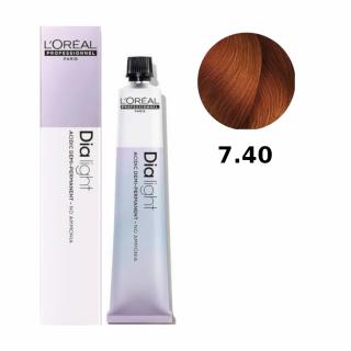 Loreal Dia Light farba do włosów farbowanych i uwrażliwionych, koloryzacja kwasowa ton w ton, bez amoniaku, 50ml Kolor: 7.40 blond miedziany intensywn