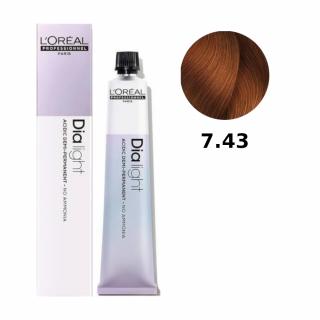 Loreal Dia Light farba do włosów farbowanych i uwrażliwionych, koloryzacja kwasowa ton w ton, bez amoniaku, 50ml Kolor: 7.43 blond miedziano-złocisty