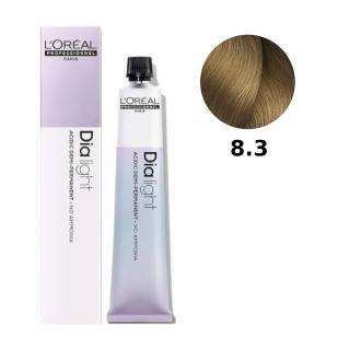 Loreal Dia Light farba do włosów farbowanych i uwrażliwionych, koloryzacja kwasowa ton w ton, bez amoniaku, 50ml Kolor: 8.3 jasny blond złocisty