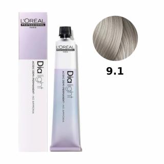 Loreal Dia Light farba do włosów farbowanych i uwrażliwionych, koloryzacja kwasowa ton w ton, bez amoniaku, 50ml Kolor: 9.1 bardzo jasny blond popiela