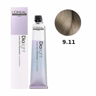 Loreal Dia Light farba do włosów farbowanych i uwrażliwionych, koloryzacja kwasowa ton w ton, bez amoniaku, 50ml Kolor: 9.11 bardzo jasny blond popiel