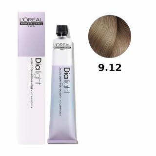 Loreal Dia Light farba do włosów farbowanych i uwrażliwionych, koloryzacja kwasowa ton w ton, bez amoniaku, 50ml Kolor: 9.12 bardzo jasny blond popiel
