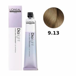 Loreal Dia Light farba do włosów farbowanych i uwrażliwionych, koloryzacja kwasowa ton w ton, bez amoniaku, 50ml Kolor: 9.13 bardzo jasny blond popiel