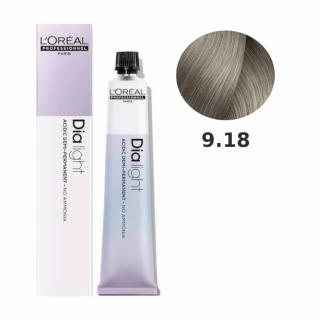 Loreal Dia Light farba do włosów farbowanych i uwrażliwionych, koloryzacja kwasowa ton w ton, bez amoniaku, 50ml Kolor: 9.18 PEARLS bardzo jasny blond