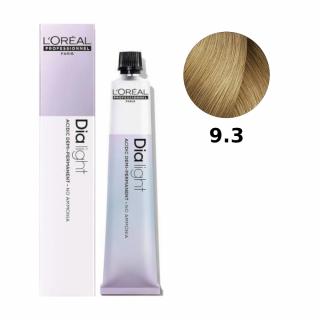 Loreal Dia Light farba do włosów farbowanych i uwrażliwionych, koloryzacja kwasowa ton w ton, bez amoniaku, 50ml Kolor: 9.3 bardzo jasny blond złocist