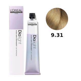 Loreal Dia Light farba do włosów farbowanych i uwrażliwionych, koloryzacja kwasowa ton w ton, bez amoniaku, 50ml Kolor: 9.31 bardzo jasny blond złocis
