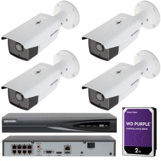 Zestaw 4 kamer IP DS-2CD2T83G0-I8 Hikvision 8 Mpx IR80 Obraz 4K, Poczerwień IR 80m, 8 kanałów PoE, Aplikacja na telefon