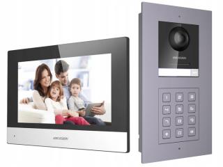 Zestaw wideodomofonowy IP Hikvision: Monitor 7" LCD DS-KH6320-WTE1 + panel zewnętrzny z kamerą i szyfratorem System POE