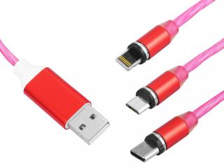 Kabel USB magnetyczny 3w1 red KK21W podświetlenie LED (jasno-czerwony).