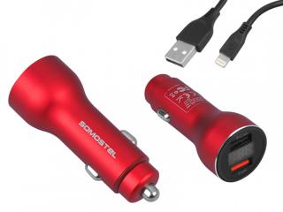 ŁADOWARKA SAMOCHODOWA 5A CZERWONY MIERNIK + KABEL IPHONE SOMOSTEL, 30W, 2XUSB, DUAL SMS-A89QUICK, CHARGE QC 3.0, METAL.