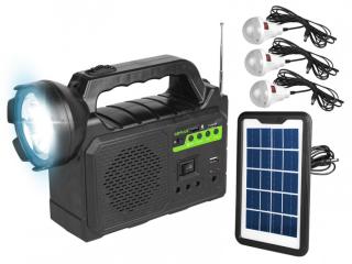 Solar Lighting System GD-P30FM,Power Bank,Głośnik bluetooth,Radio,TF ,USB,latarka 1-LED+panel boczny 36-LED ,3xżarówka 8-LED z kablem 3m i wyłącznikiem