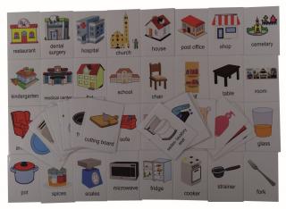 Duży zestaw kart edukacyjnych: Budynki/ Pomieszczenia domowe/Akcesoria - wersja w j. angielskim
