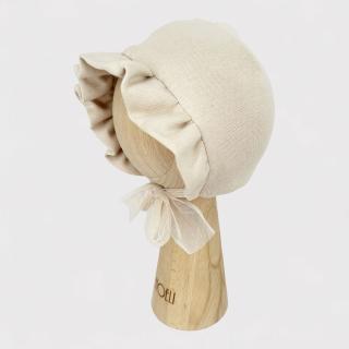 Ciepła czapka do chrztu bonetka   dwuwarstwowa z falbanką beżowa