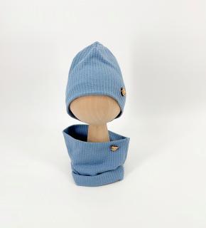 Czapka chłopięca niebieska dwuwarstwowa z bawełny z kominem