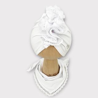 Czapka turban do chrztu  i chusta jednowarstwowe z bawełnianą koronką białe