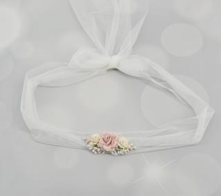 Pasek ecru tiulowy ,różowy kwiat z ecru i perełkami