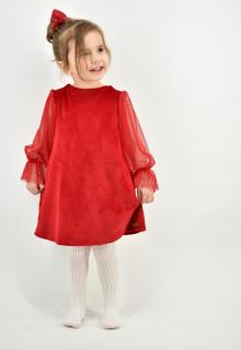Sukienka czerwona welurowa z tiulowym rękawkiem i kokardą