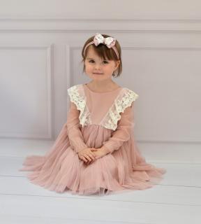 Sukienka tiulowa Margo 2 z falbanami z koronki brudny roz