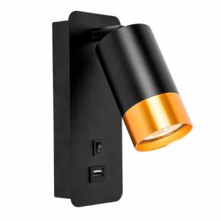 Kinkiet LED KLEMENS 1xGU10 ścienny czarno złoty z gniazdem USB