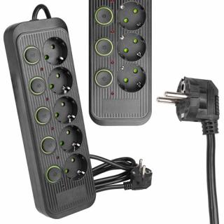 Przedłużacz czarny 5x230V + włączniki z przewodem 2m