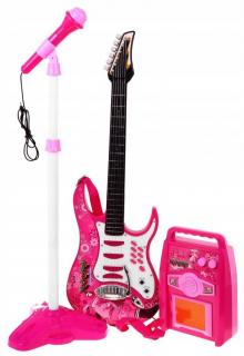 Gitara Elektryczna różowa ze wzmacniaczem Mikrofon HK-8010D
