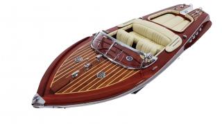 Riva Aquarama 55cm - drewniany model łodzi motorowej, legenda klasycznych runaboutów, kremowa tapicerka