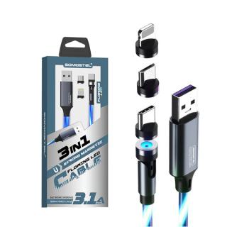 KABEL USB 3W1 3.1A SOMOSTEL MAGNETIC LED BLUE QUICK CHARGER QC 1.2M POWERLINE SMS-BY04