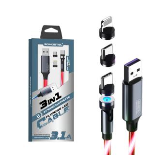 KABEL USB 3W1 3.1A SOMOSTEL MAGNETIC LED RED QUICK CHARGER QC 1.2M POWERLINE SMS-BY04