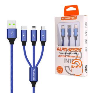 KABEL USB 3W1 3.4A SOMOSTEL NIEBIESKI 3400mAh QUICK CHARGER QC 3.0 1,2M POWERLINE SMS-BW03