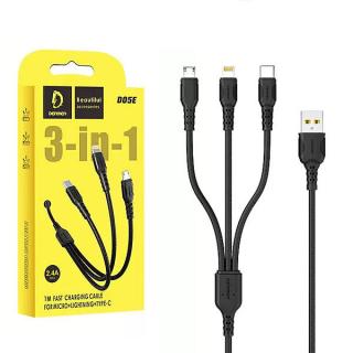 KABEL USB 3W1 DENMEN 2.4A CZARNY 1M D05E TYP-C / MICRO / IPHONE