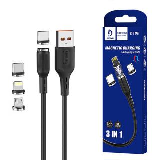 KABEL USB 3W1 DENMEN CZARNY D18 MAGNETYCZNY MICRO TYP-C IPHONE