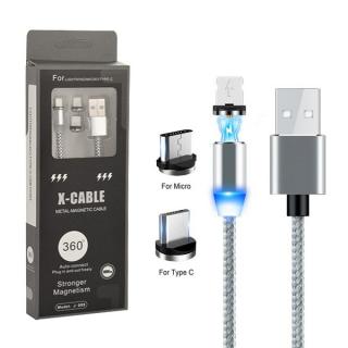 KABEL USB 3w1 MAGNETYCZNY 360 SREBRNY IPHONE MICRO TYP-C  6 6S IPAD AIR  2 / 5 5S 5G