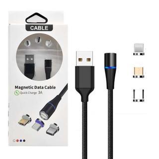 KABEL USB 3w1 MAGNETYCZNY 3A 360 CZARNY SZYBKIE ŁADOWANIE  + TRANSFER DANYCH MICRO TYP-C IPHONE