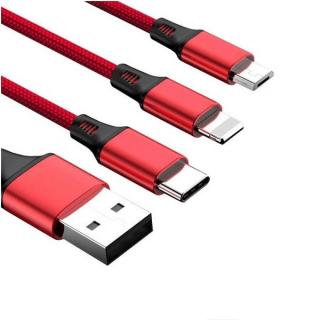 KABEL USB IPHONE 7 / 8  NYLON CZERWONY + MIRO USB + TYP C 3w1 REDX