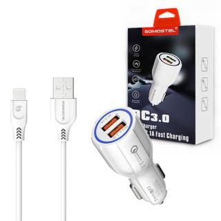 ŁADOWARKA SAMOCHODOWA 3A+2A BIAŁA + KABEL IPHONE SOMOSTEL 3100mA + 2100mA 2XUSB DUAL A45 QUICK CHARGE QC 3.0