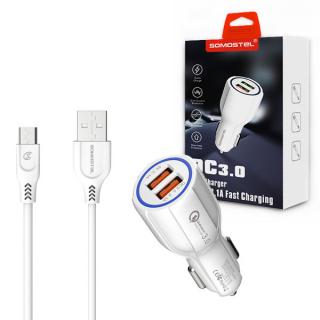 ŁADOWARKA SAMOCHODOWA 3A+2A BIAŁA + KABEL MICRO SOMOSTEL 3100mA + 2100mA 2XUSB DUAL A45 QUICK CHARGE QC 3.0