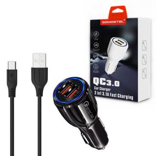 ŁADOWARKA SAMOCHODOWA 3A+2A CZARNA + KABEL MICRO SOMOSTEL 3100mA + 2100mA 2XUSB DUAL A45 QC 3.0