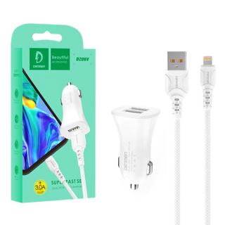 ŁADOWARKA SAMOCHODOWA 3A  + KABEL IPHONE BIAŁA DENMEN 3100mA DUAL FAST CHARGING 2XUSB DZ06L 15W