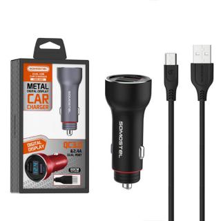 ŁADOWARKA SAMOCHODOWA 5A CZARNA MIERNIK + KABEL MICRO SOMOSTEL 30W 2XUSB DUAL SMS-A89 QUICK CHARGE QC 3.0 ALUMINIUM