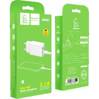 ŁADOWARKA SIECIOWA 2.1A 10W  BIAŁA DENMEN 2100mA 2xUSB DC02 + KABEL IPHONE WHITE