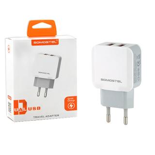 ŁADOWARKA SIECIOWA 2.1A BIAŁA SOMOSTEL 2100mA 2XUSB DUAL SMS-A13 SINGLE