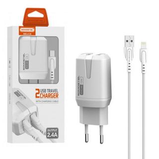 ŁADOWARKA SIECIOWA 2.4A + KABEL IPHONE BIAŁA SOMOSTEL 2400mA 2XUSB DUAL SMS-A139